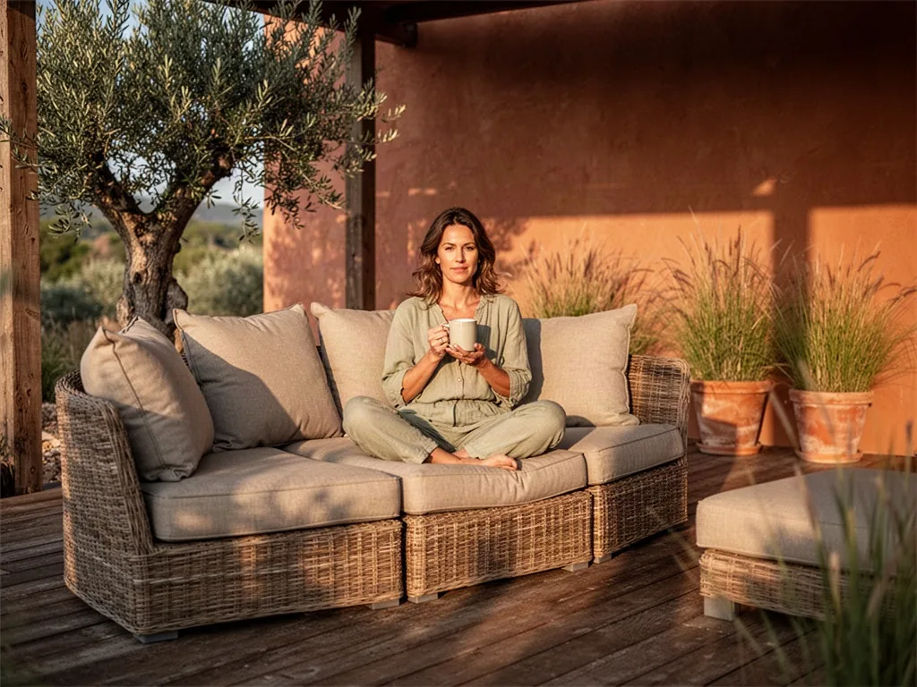 A relaxed woman sits cross-legged on a deep modular wicker sofa with plush sand-colored cushions, holding a plain cerami