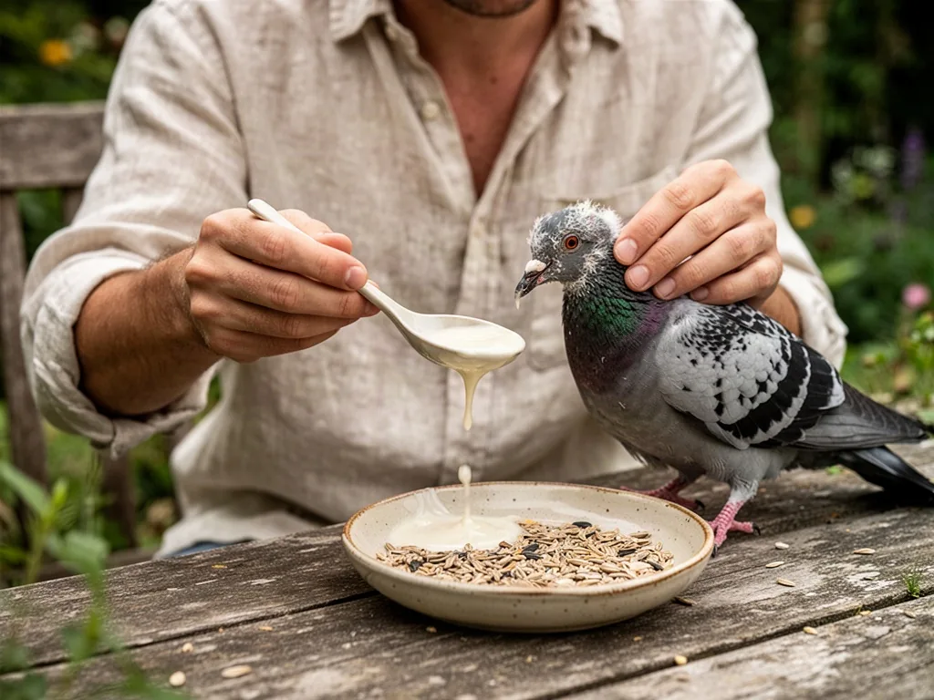 A person in a rolled-up linen shirt feeds a juvenile pigeon a pale milky slurry from the tip of a plain ceramic spoon, w