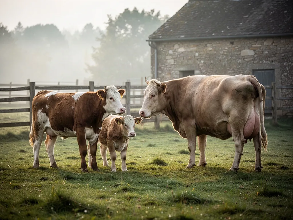 Young Charolais heifer standing beside a smaller calf, calmly approaching a mature pregnant cow in profile → open French