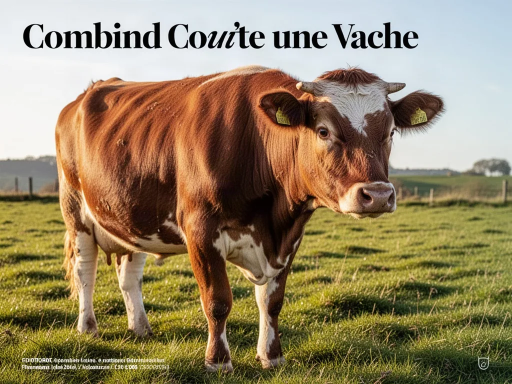 Une vache dans un pré, un écriteau affiche son prix de vente