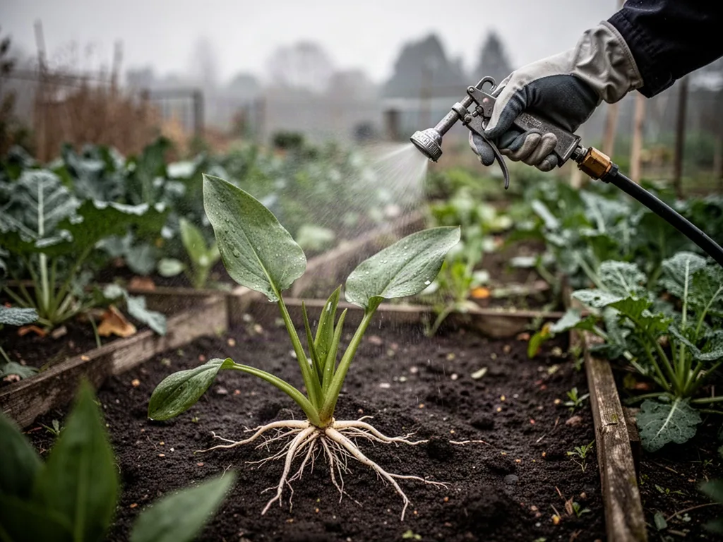 A gloved gardener's hand presses a sprayer trigger, directing a fine mist onto a single dock weed's broad leaves, the pl