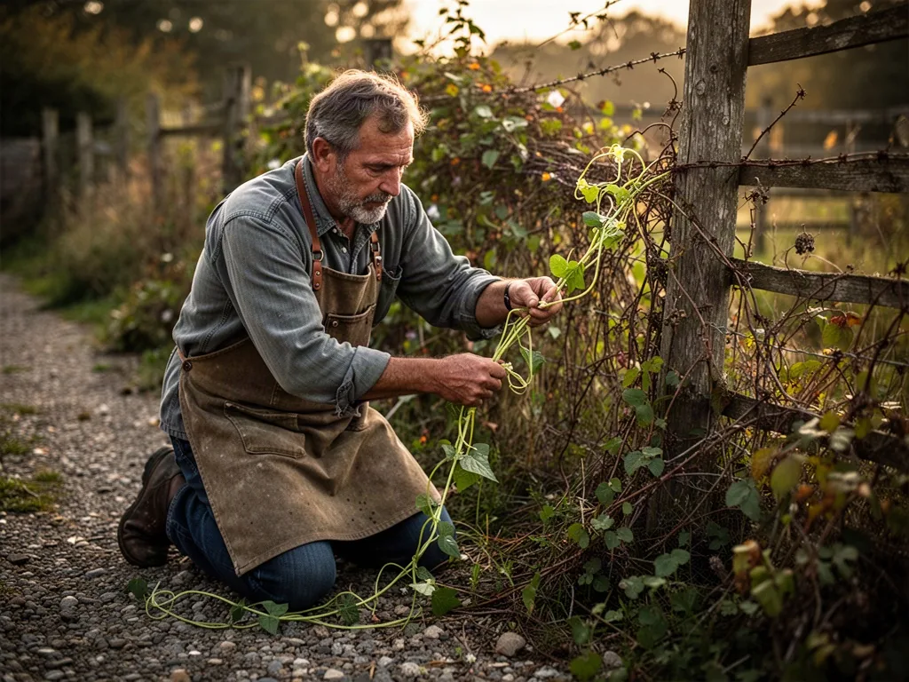 A weathered gardener in a canvas apron kneels on a gravel path, pulling a long bindweed vine from a tangle of brambles a