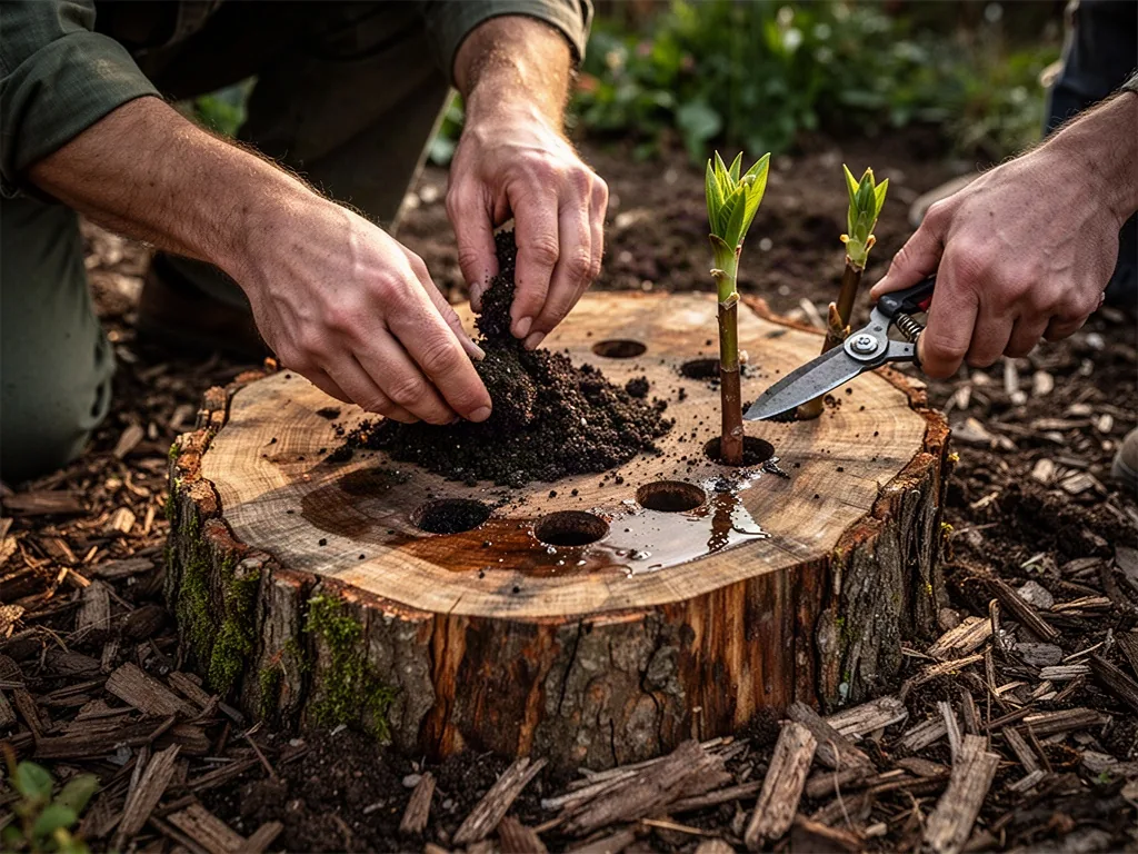 A single gardener fills drilled holes in a freshly cut stump with dark compost, preparing controlled natural decay besid