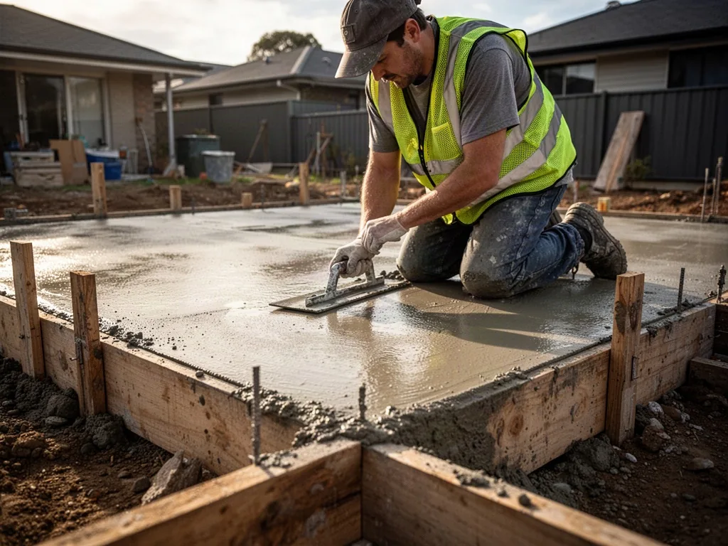 A lone builder in mesh safety vest kneels beside a freshly smoothed concrete slab, floating the surface with a steel tro