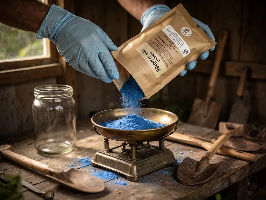 Gloved hand pours fine blue powder from an unlabelled kraft bag onto the brass pan of a balance scale, gentle tilt