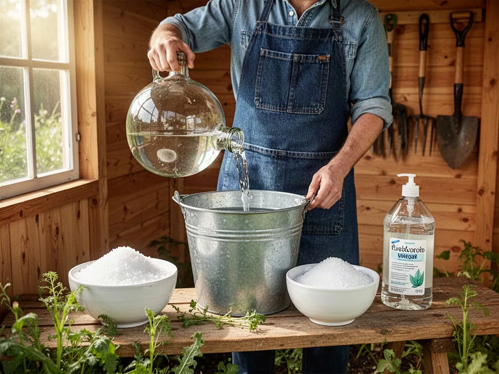 A gardener in a denim apron pours vinegar from a large plain glass carboy into a plain metal bucket; coarse salt in a wh