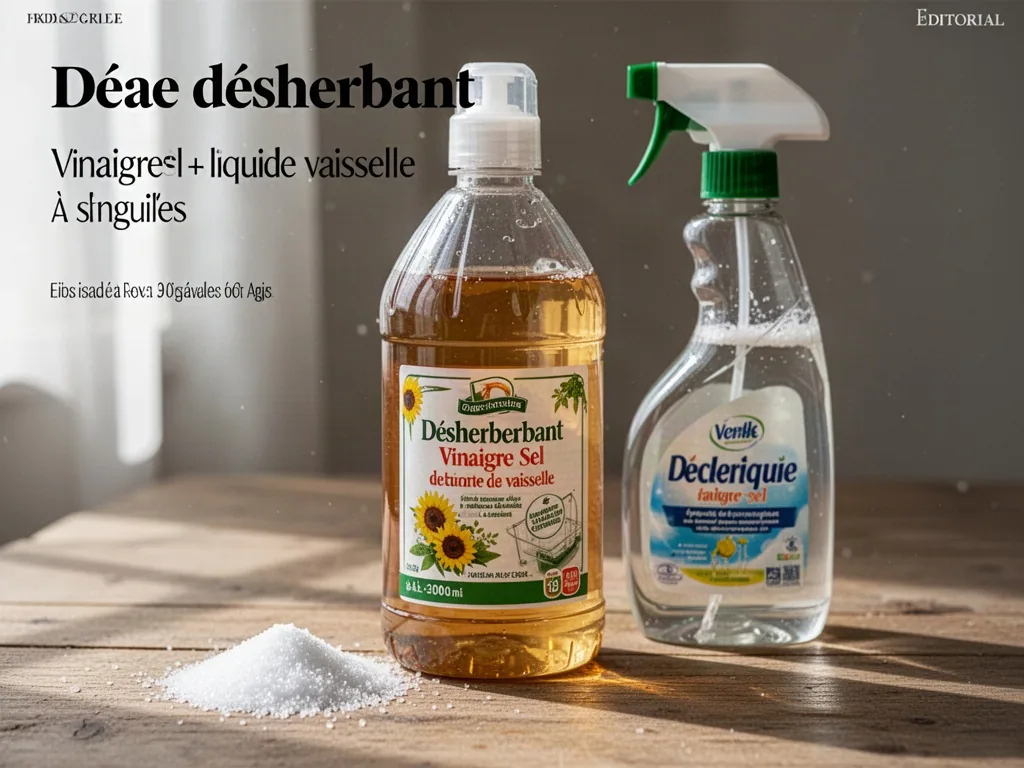 Dosage d'un désherbant avec vinaigre blanc, sel et liquide vaisselle versés dans un pulvérisateur