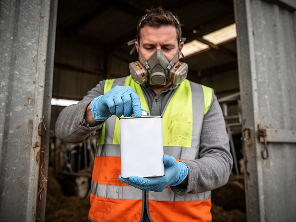 A male farmer in a high-vis vest and respirator pauses before opening a plain white canister with a smooth blank surface