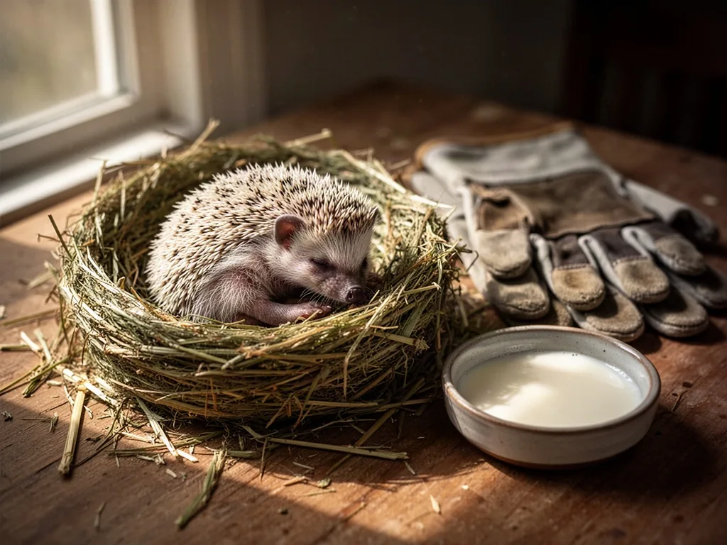 A three-week-old baby hedgehog with soft pale spines snoozes curled inside a circular hay nest on a plain wooden table