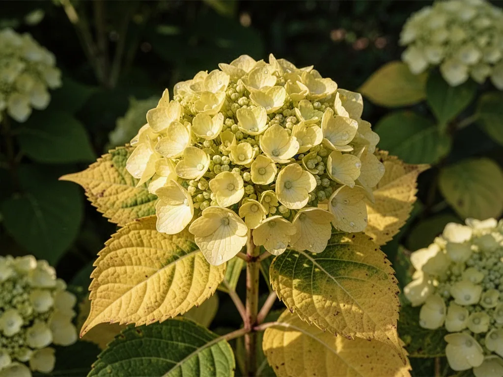 Hortensia au feuillage jaune dans un massif, jardinier penché examinant les feuilles