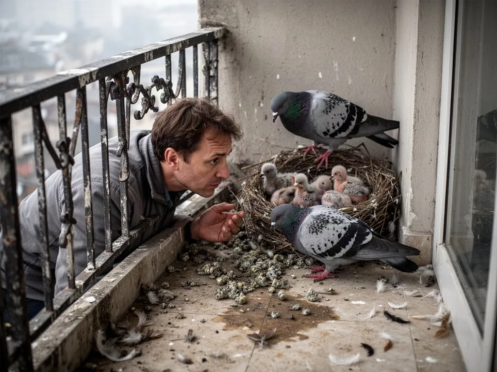 A concerned resident examines pigeon droppings near an occupied nest, carefully leaning toward the balcony corner as an