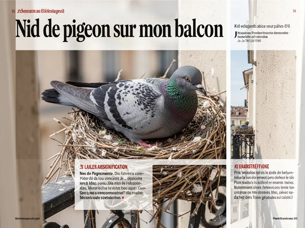 Nid de pigeon avec un œuf sur la rambarde d'un balcon urbain
