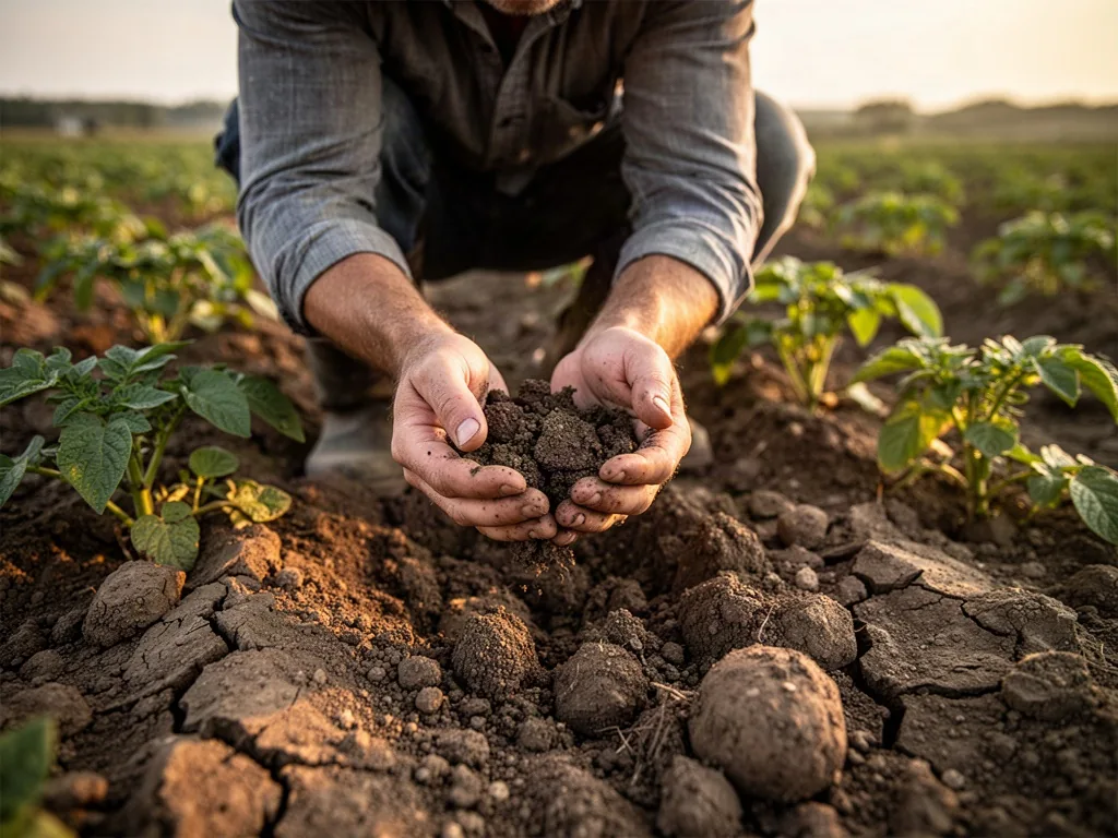 A farmer crouches, crumbling dark loam between bare fingers, in an open potato field with young green plants and dry cra