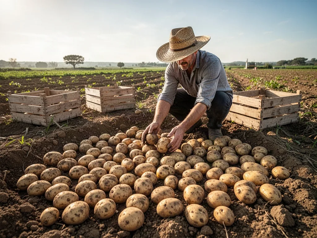 A farmer with a straw hat crouches, spreading freshly dug potatoes in a single layer over the sun-baked soil, plain wood