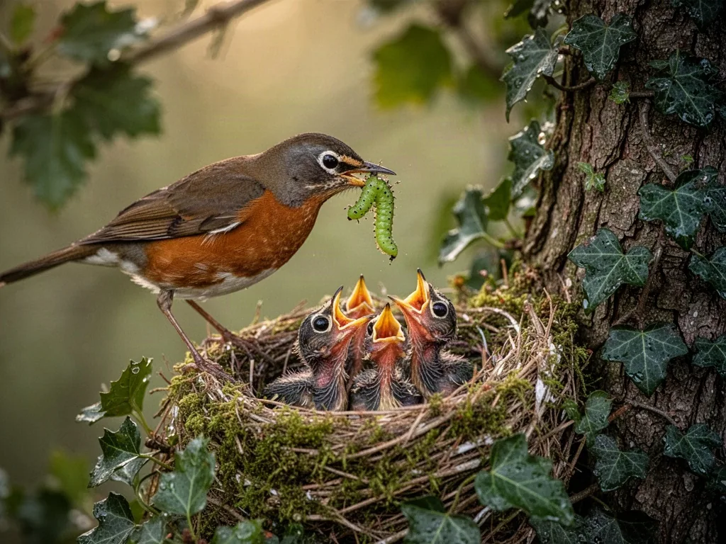 Female robin with a green caterpillar in her beak leans toward a mossy nest tucked into ivy-covered hawthorn, three gapi