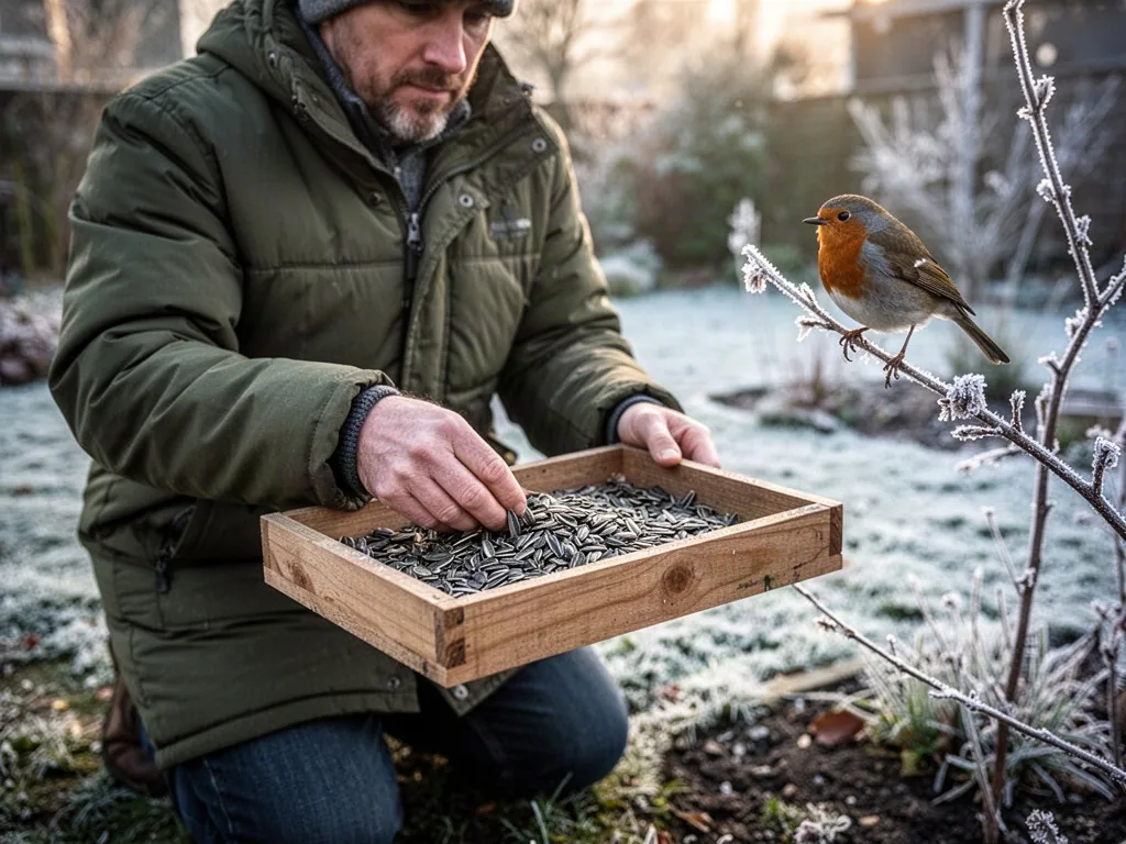 Kneeling gardener in padded olive coat refills a plain unbranded wooden tray feeder with sunflower seeds, a female robin