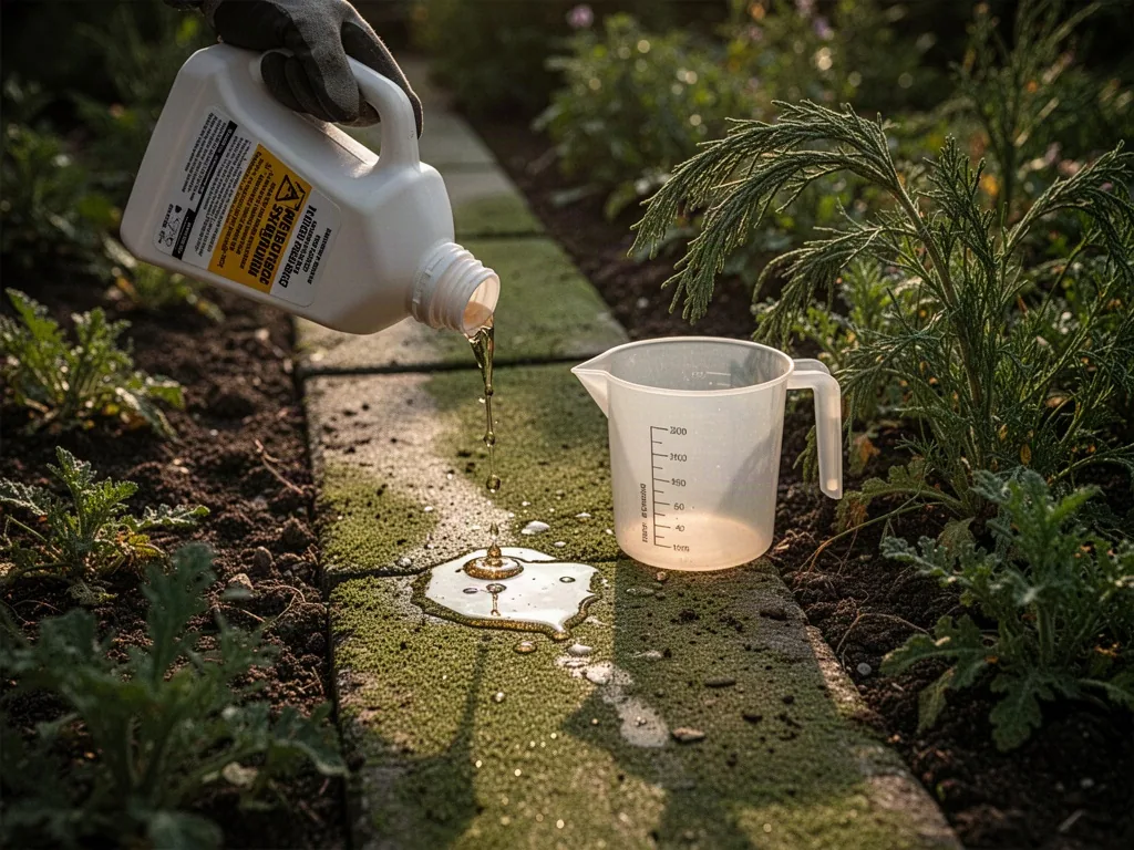 Gardener accidentally overpours concentrated herbicide beside an unevenly sprayed garden border, with droplets collectin