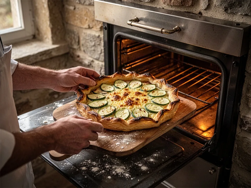A baker's hands slide a golden zucchini tart into a preheated oven, crisp puff pastry rimmed with charred edges
