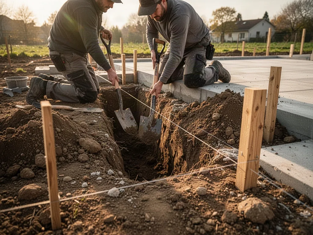 A builder excavating a shallow 15-centimeter foundation trench in bare earth, kneeling with a spade, soil piled beside a
