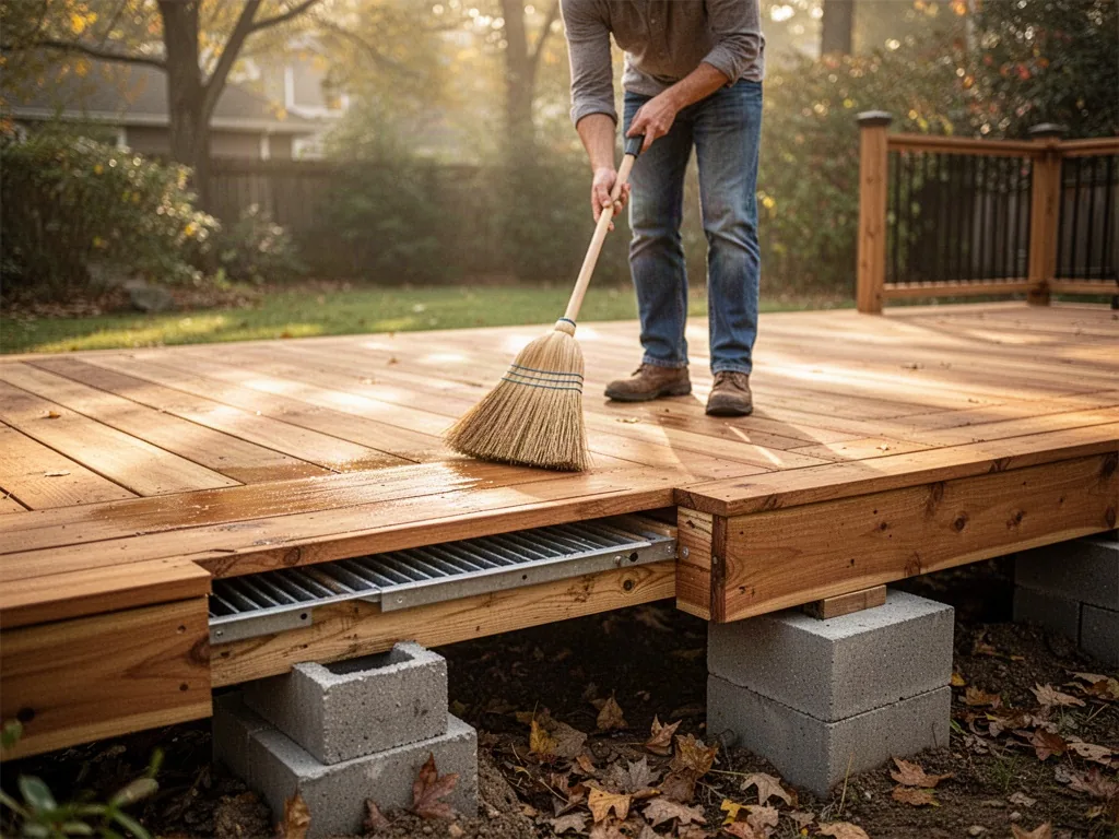 A homeowner brushing a finished wooden deck with a wide broom, standing on warm-toned planks, low ventilation gap visibl