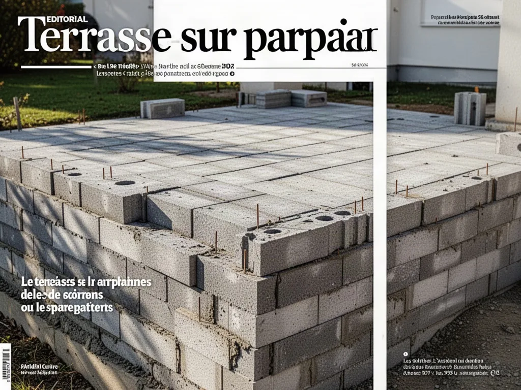 Terrasse en bois surélevée sur des parpaings, dans un jardin