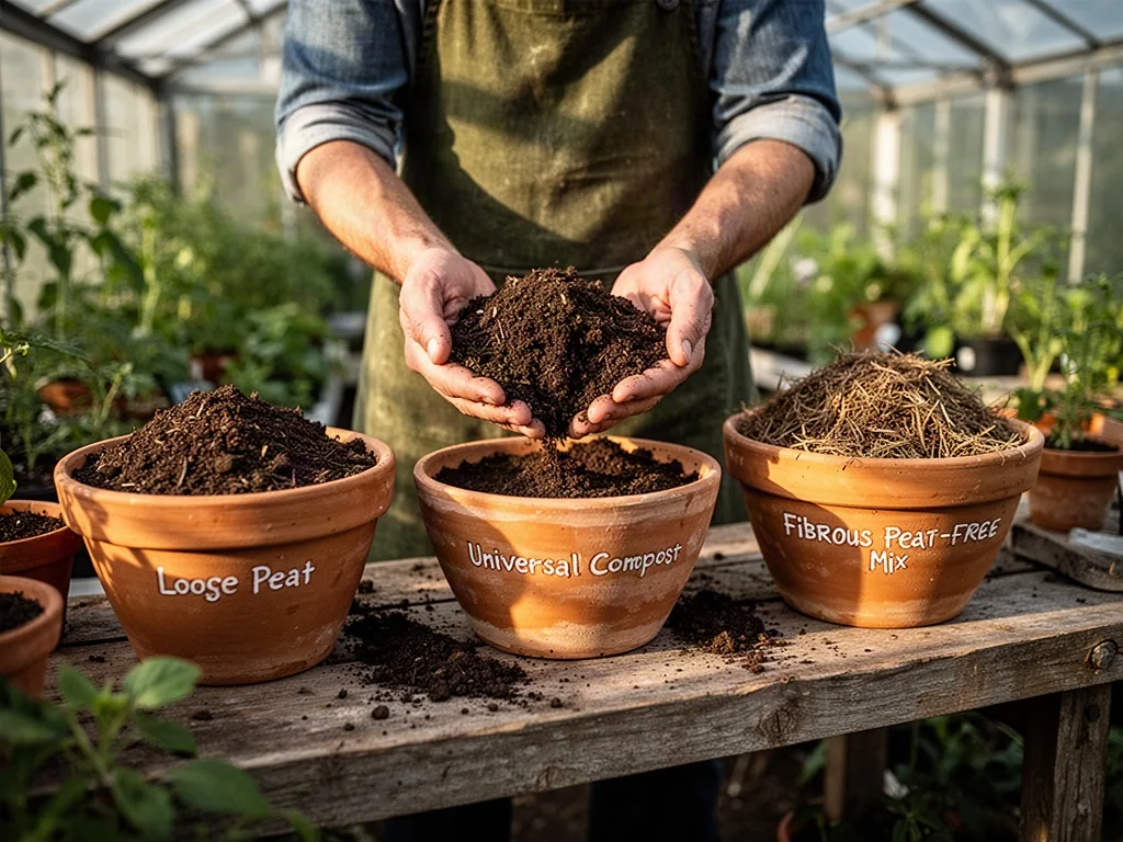 A gardener compares three distinct growing media by hand → rustic potting bench inside an airy greenhouse, loose peat, u